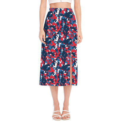Blue Red And White Digital Camo Print Side Slit Midi Skirt