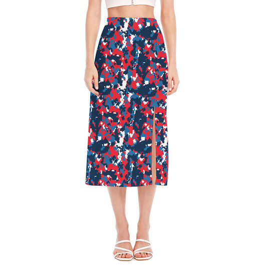 Blue Red And White Digital Camo Print Side Slit Midi Skirt