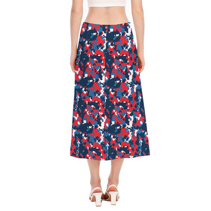 Blue Red And White Digital Camo Print Side Slit Midi Skirt