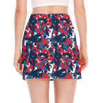 Blue Red And White Digital Camo Print Side Slit Mini Skirt