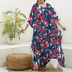 Blue Red And White Digital Camo Print Silk V-Neck Kaftan Dress
