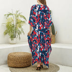 Blue Red And White Digital Camo Print Silk V-Neck Kaftan Dress