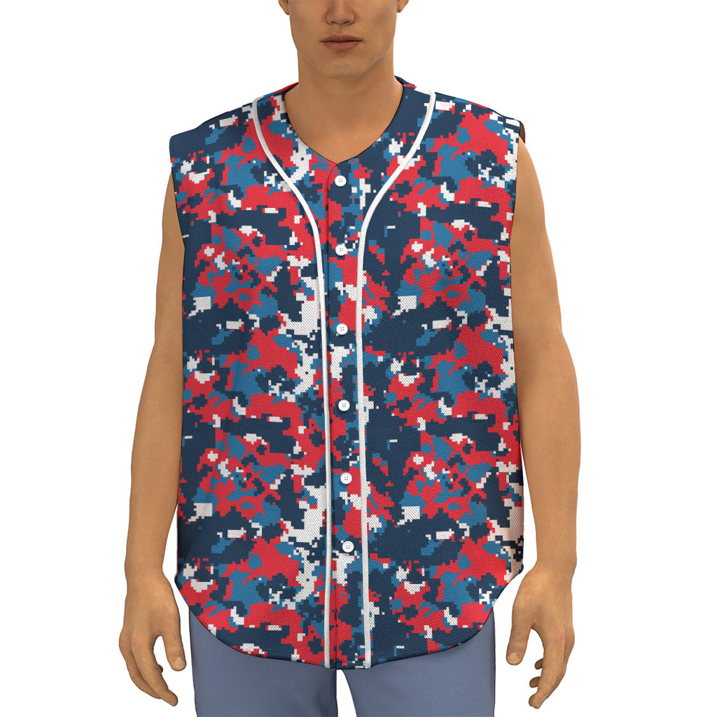 Blue Red And White Digital Camo Print Sleeveless Baseball Jersey