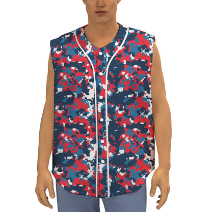 Blue Red And White Digital Camo Print Sleeveless Baseball Jersey