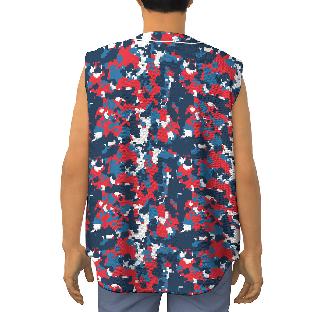 Blue Red And White Digital Camo Print Sleeveless Baseball Jersey