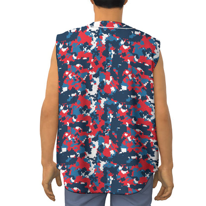 Blue Red And White Digital Camo Print Sleeveless Baseball Jersey
