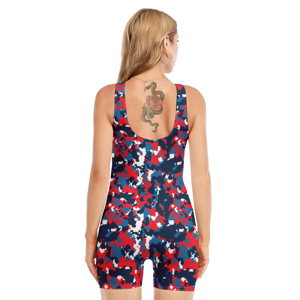 Blue Red And White Digital Camo Print Sleeveless One Piece Swimsuit