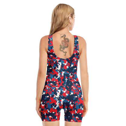 Blue Red And White Digital Camo Print Sleeveless One Piece Swimsuit