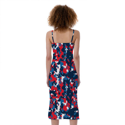 Blue Red And White Digital Camo Print Slim Fit Midi Cami Dress