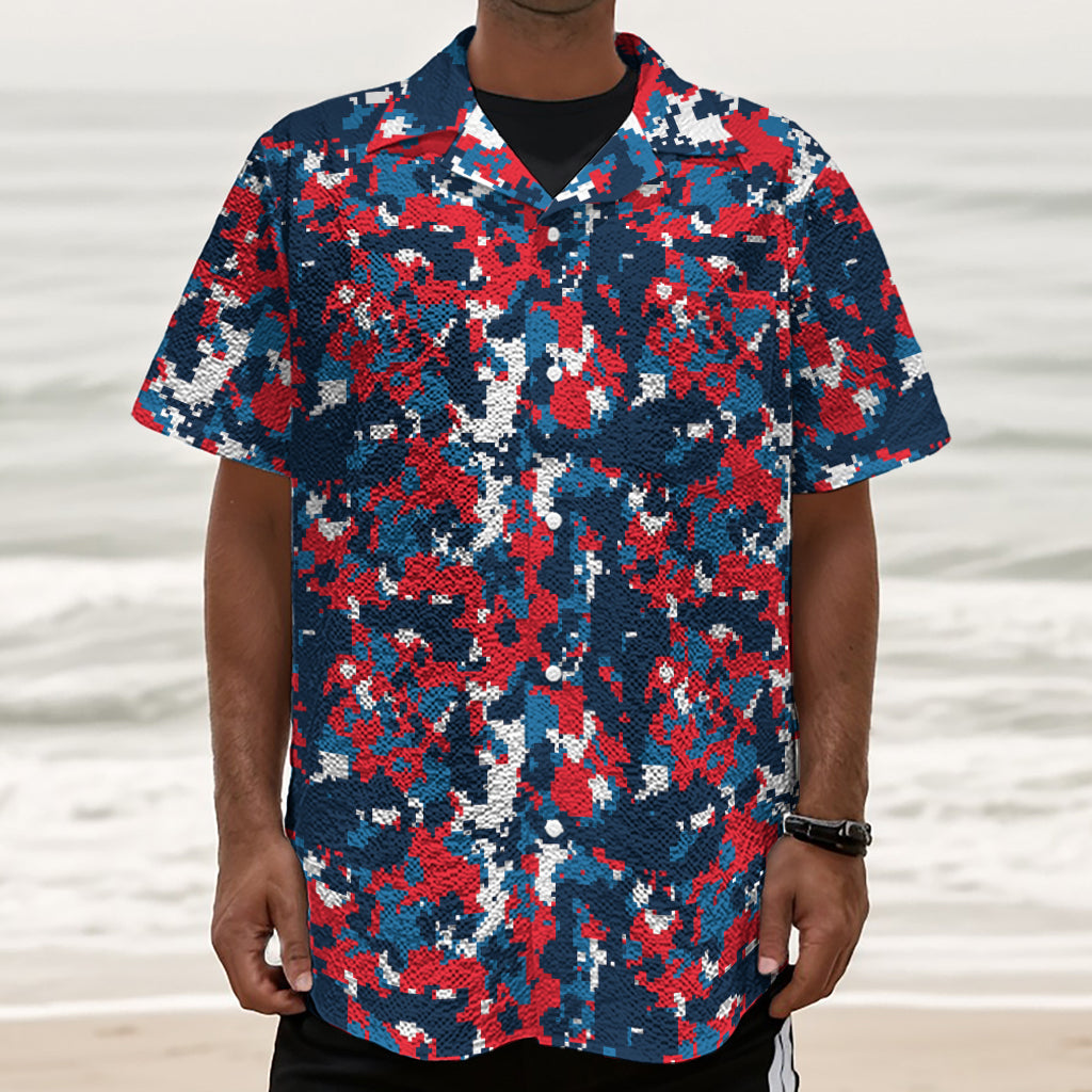 Blue Red And White Digital Camo Print Textured Short Sleeve Shirt