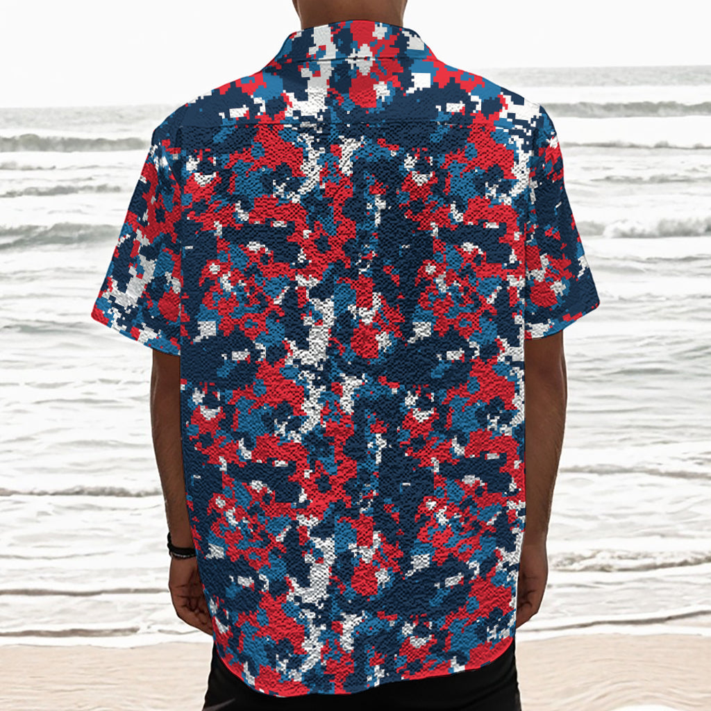 Blue Red And White Digital Camo Print Textured Short Sleeve Shirt