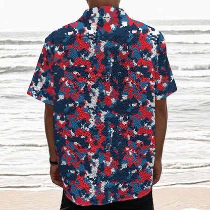 Blue Red And White Digital Camo Print Textured Short Sleeve Shirt