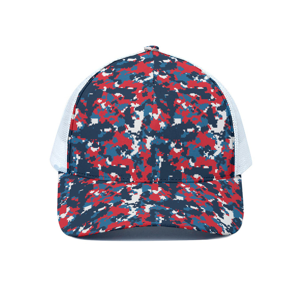 Blue Red And White Digital Camo Print White Mesh Trucker Cap