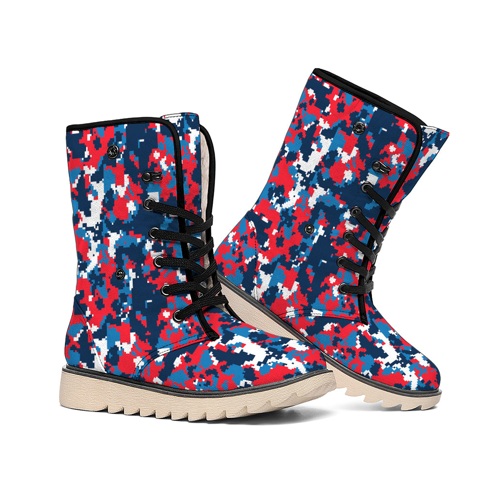 Blue Red And White Digital Camo Print Winter Boots