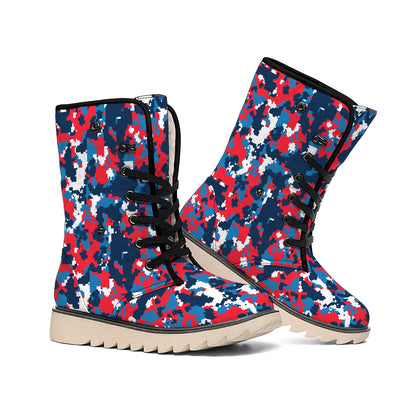Blue Red And White Digital Camo Print Winter Boots