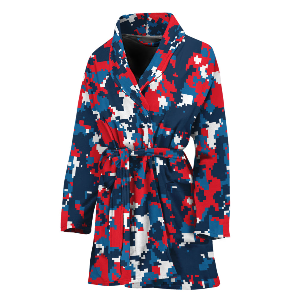 Blue Red And White Digital Camo Print Women's Bathrobe