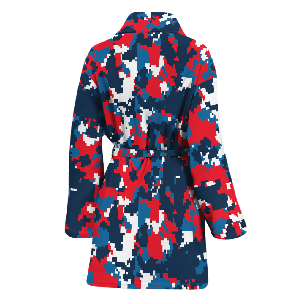 Blue Red And White Digital Camo Print Women's Bathrobe