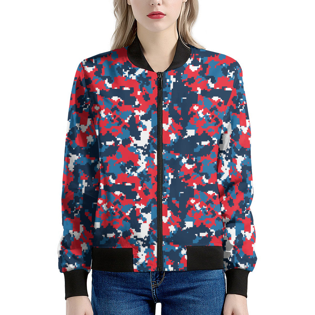 Blue Red And White Digital Camo Print Women's Bomber Jacket