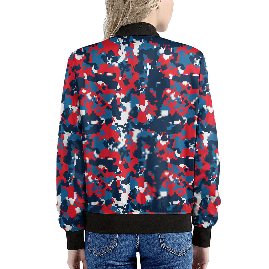 Blue Red And White Digital Camo Print Women's Bomber Jacket