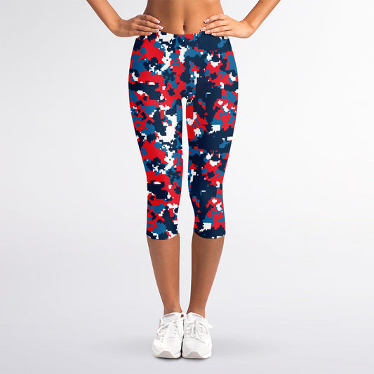Blue Red And White Digital Camo Print Women's Capri Leggings