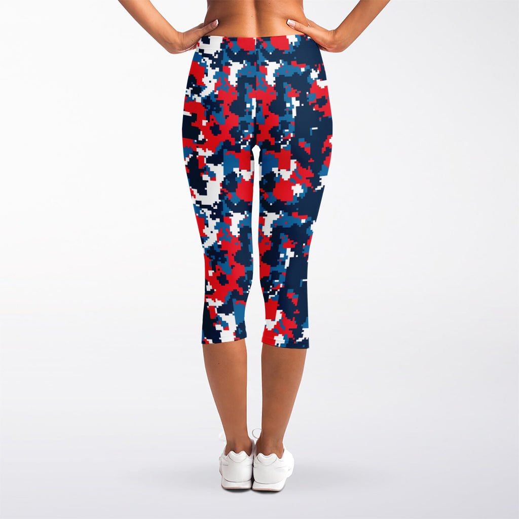 Blue Red And White Digital Camo Print Women's Capri Leggings