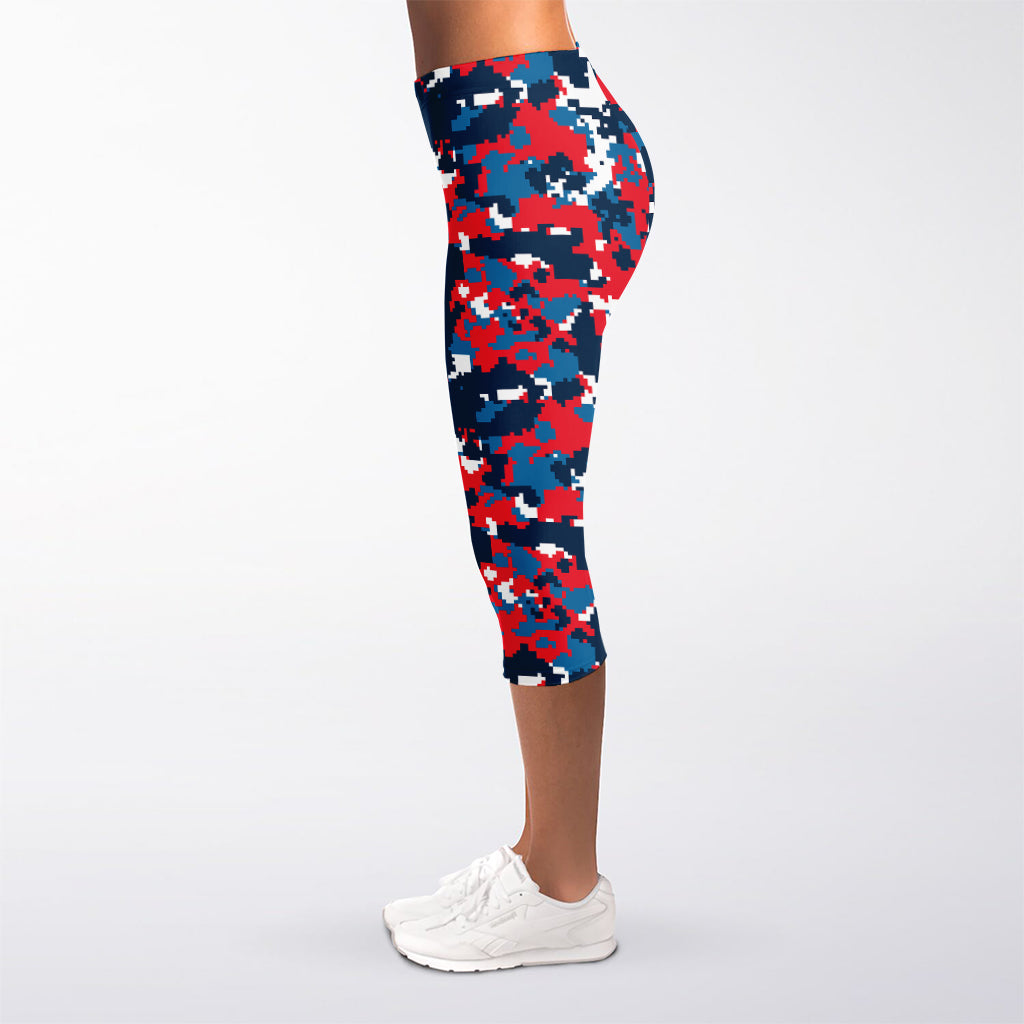 Blue Red And White Digital Camo Print Women's Capri Leggings