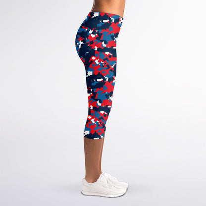 Blue Red And White Digital Camo Print Women's Capri Leggings