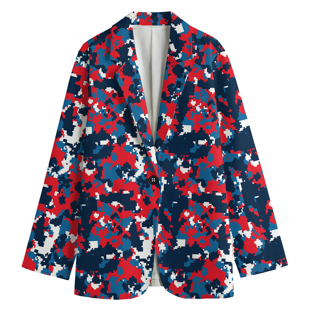Blue Red And White Digital Camo Print Women's Cotton Blazer