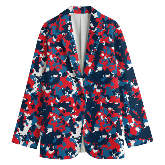Blue Red And White Digital Camo Print Women's Cotton Blazer