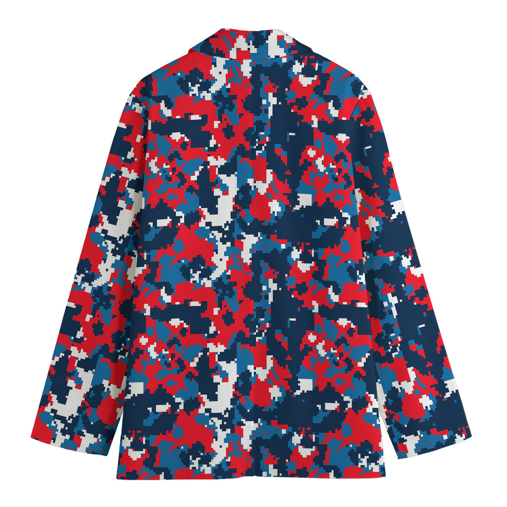 Blue Red And White Digital Camo Print Women's Cotton Blazer