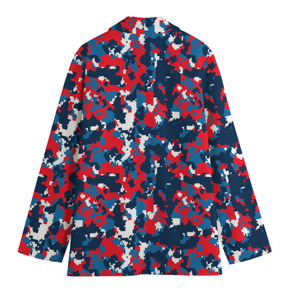 Blue Red And White Digital Camo Print Women's Cotton Blazer