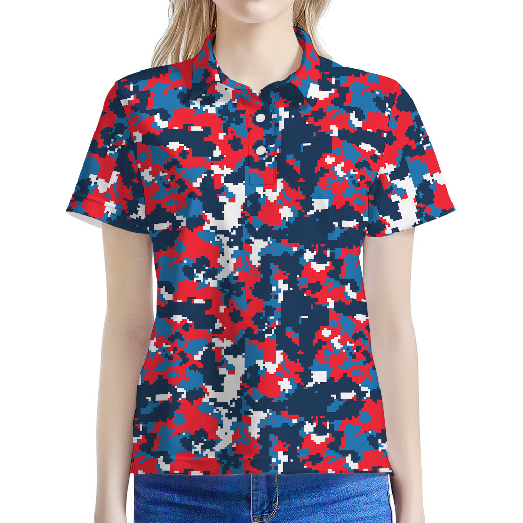 Blue Red And White Digital Camo Print Women's Polo Shirt