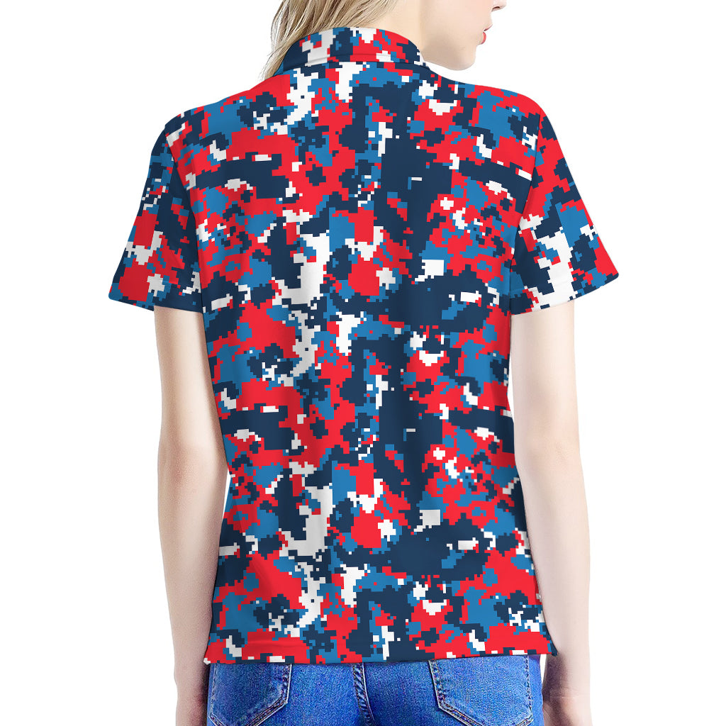 Blue Red And White Digital Camo Print Women's Polo Shirt