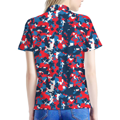 Blue Red And White Digital Camo Print Women's Polo Shirt