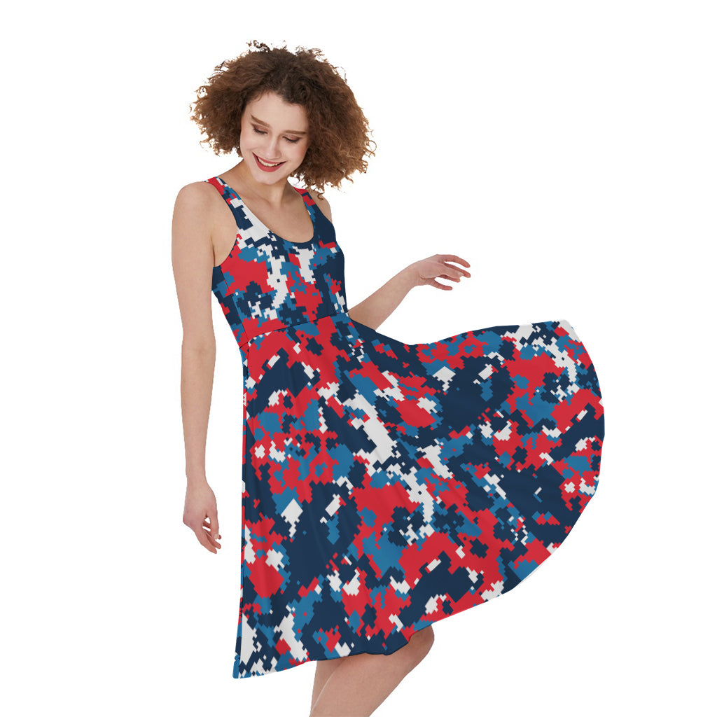 Blue Red And White Digital Camo Print Women's Sleeveless Dress