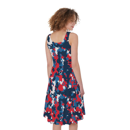 Blue Red And White Digital Camo Print Women's Sleeveless Dress