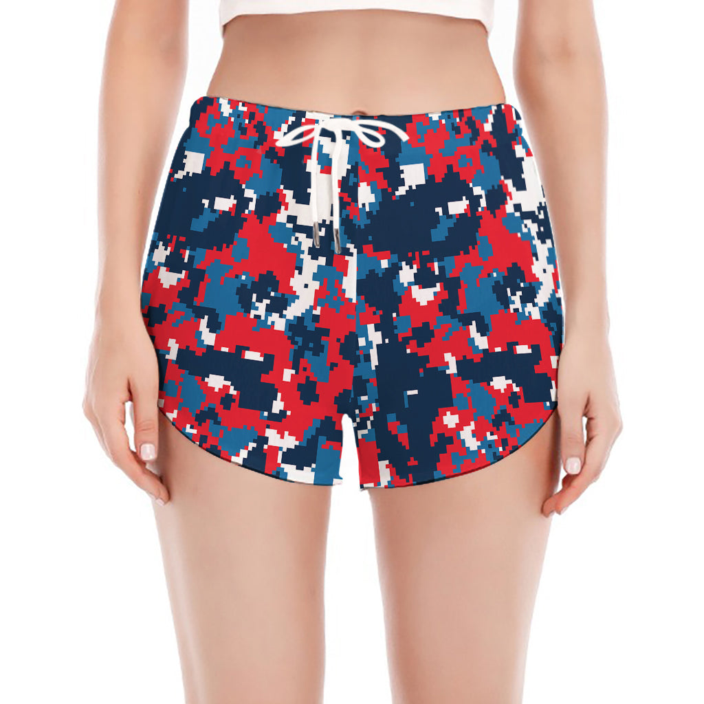 Blue Red And White Digital Camo Print Women's Split Running Shorts