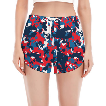 Blue Red And White Digital Camo Print Women's Split Running Shorts