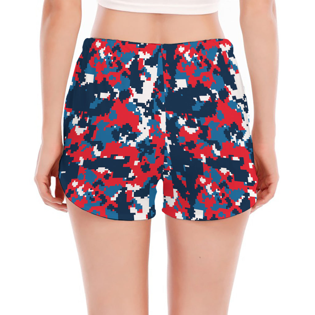 Blue Red And White Digital Camo Print Women's Split Running Shorts
