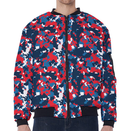 Blue Red And White Digital Camo Print Zip Sleeve Bomber Jacket