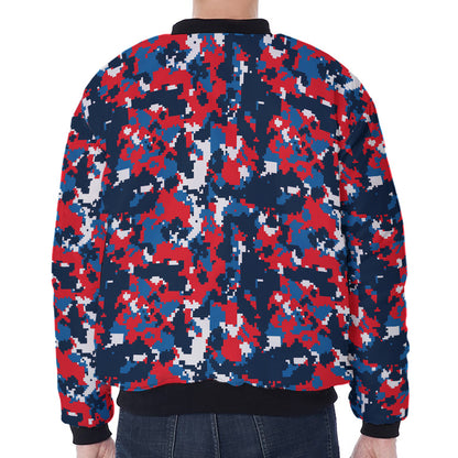 Blue Red And White Digital Camo Print Zip Sleeve Bomber Jacket