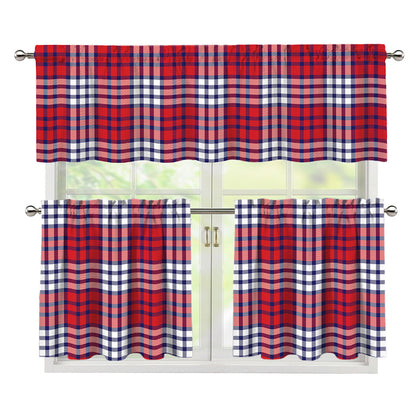 Blue Red And White USA Plaid Print 3 Piece Kitchen Curtains