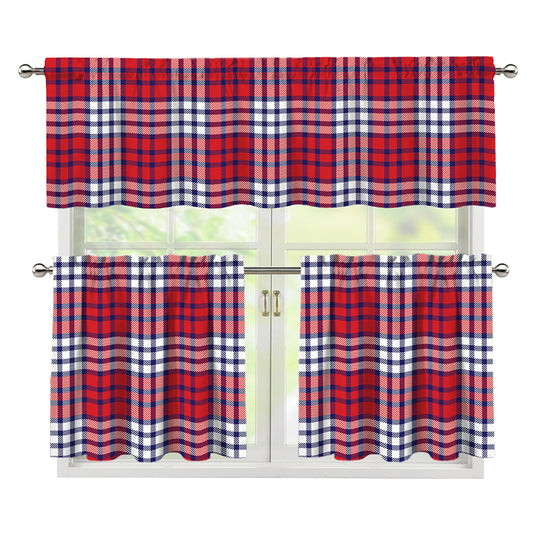 Blue Red And White USA Plaid Print 3 Piece Kitchen Curtains