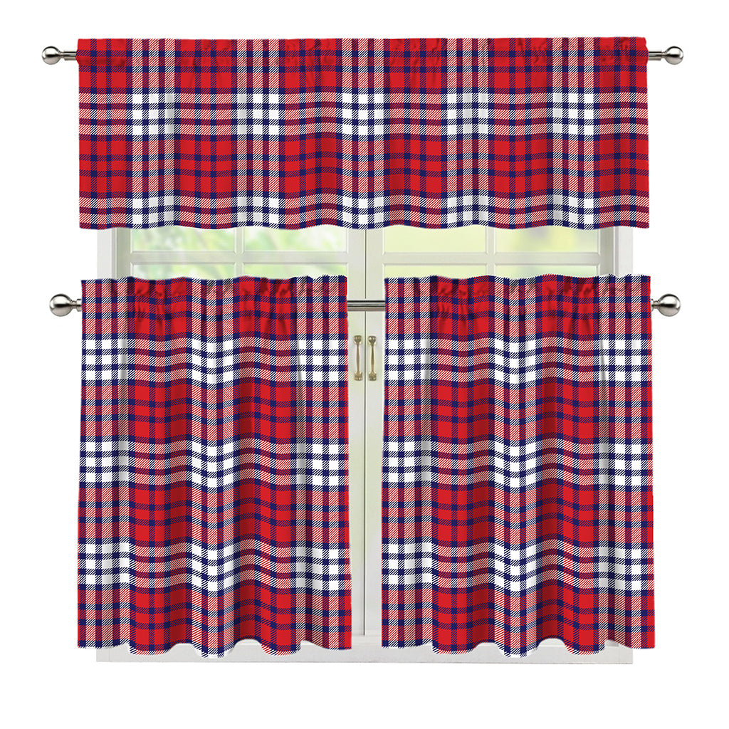 Blue Red And White USA Plaid Print 3 Piece Kitchen Curtains