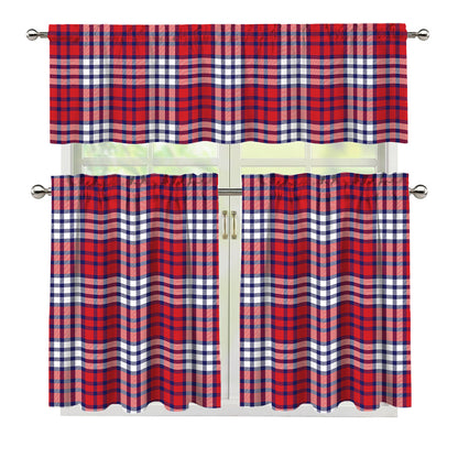 Blue Red And White USA Plaid Print 3 Piece Kitchen Curtains