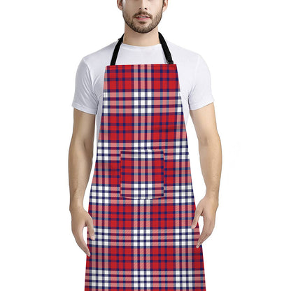 Blue Red And White USA Plaid Print Bib Apron With Pocket