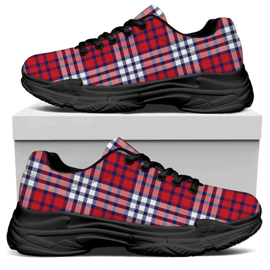 Blue Red And White USA Plaid Print Black Chunky Shoes