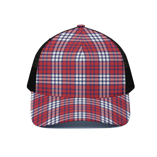 Blue Red And White USA Plaid Print Black Mesh Trucker Cap