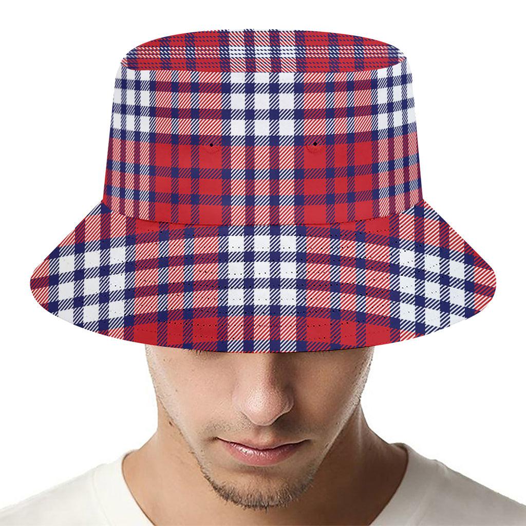 Blue Red And White USA Plaid Print Bucket Hat