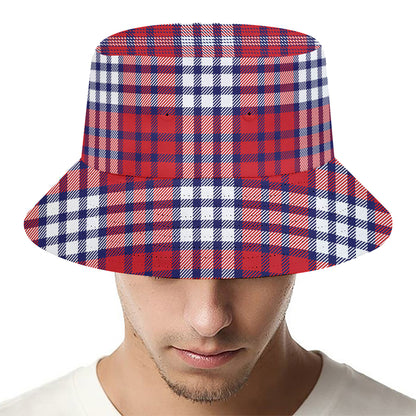 Blue Red And White USA Plaid Print Bucket Hat